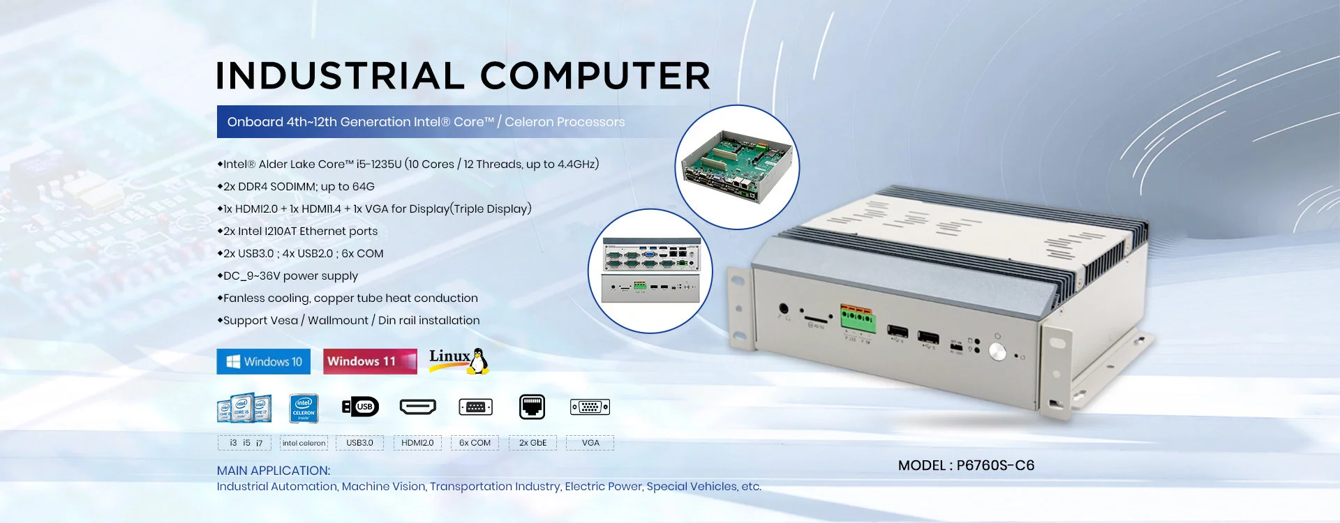2x Intel 1210AT Lan Fanless i5-1235U Dual HDMI 6 USB 6 COM Industrial Computer